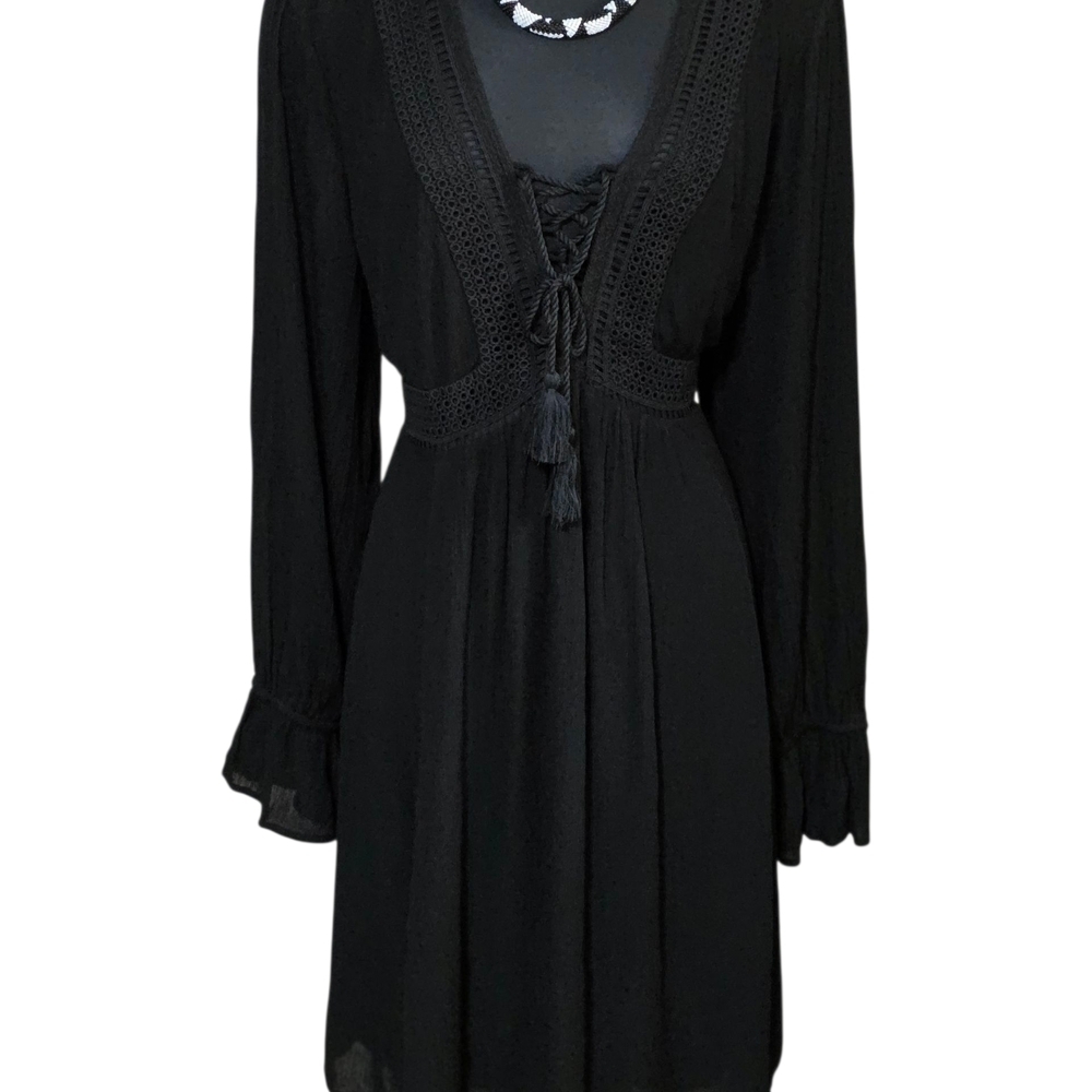 Torrid Black Gauze Lace Dress – V Neck Long Blouson Sleeve Boho Style Size 2 image 2